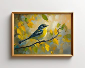 Yellow Rumped Warbler Art, North American Bird Print, Summer Nature Wall Decor, Yellow Botanical Poster, Wildlife Gallery Artwork