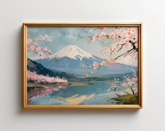 Cherry Blossoms Wall Art: Mt. Fuji Painting, Japan Spring Landscape Decor, Cherry Blossom Decor for Home & Office