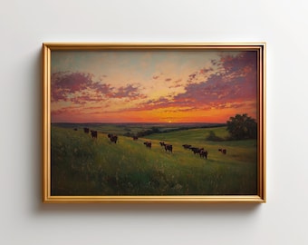 Kansas Flint Hills Wall Art, Cattle Coming Home Art Print - Tallgrass Prairie Farmland Landscape