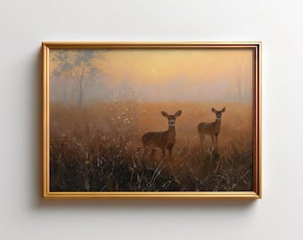 Smoky Mountains Deer Wall Art, White Tailed Wildlife Print, Foggy Sunrise Meadow Poster, Rustic Farmhouse Decor  Description