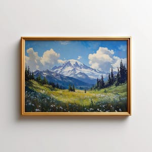 Mount Rainier Painting - Wildflower & Snow Landscape Art of Washington National Park, Nature Wall Decor, Scenic Mountain Artwork