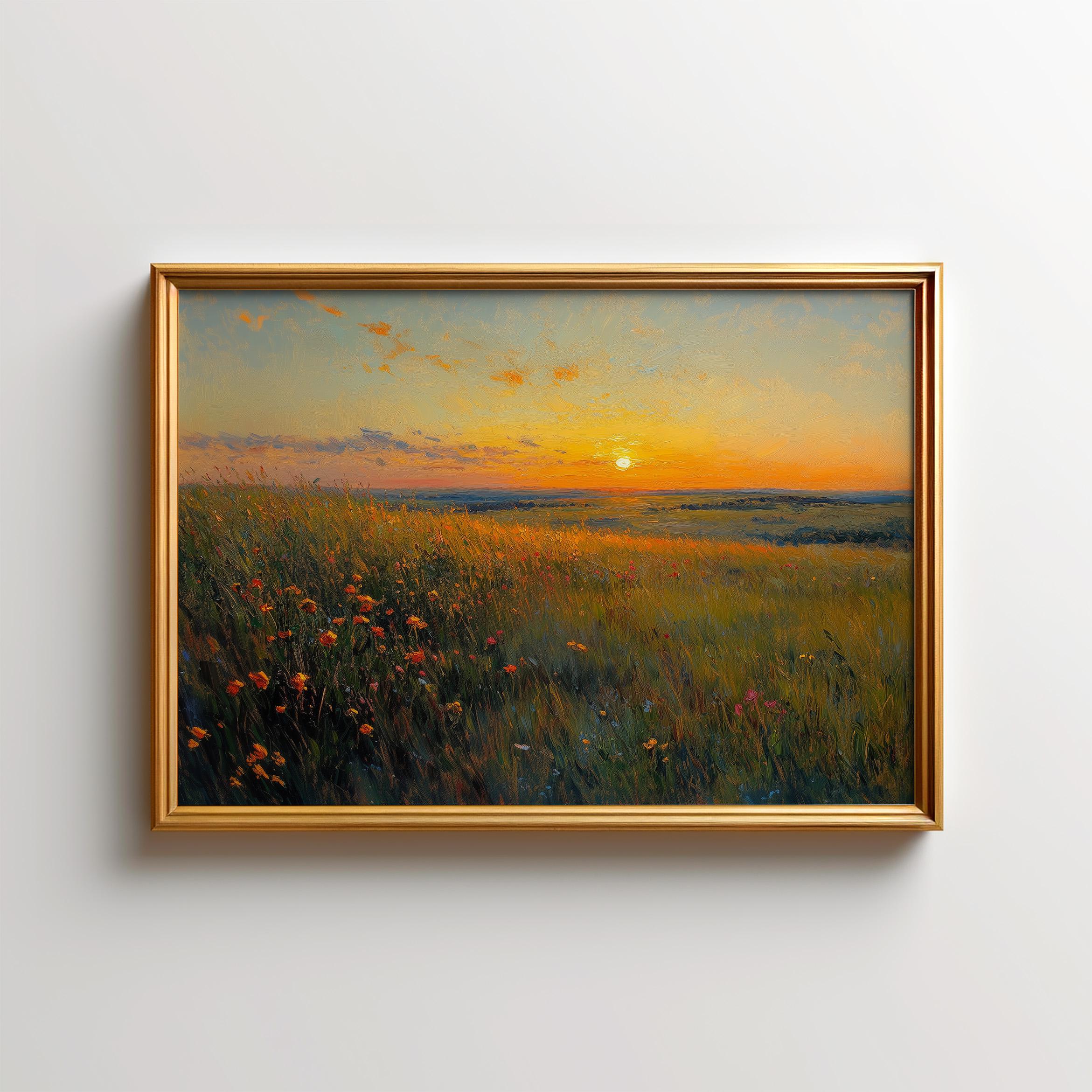 Sunset Tallgrass Prairie Art Painting – Kansas Flint Hills Landscape Poster, Grassland Wall Art, Tallgrass Prairie National Preserve Decor