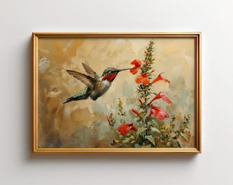 Hummingbird & Cardinal Flowers Art Print, Cottagecore Wall Decor
