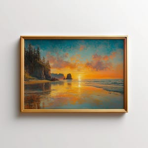 Könnte beinhalten: Ein gerahmtes Gemälde eines Sonnenuntergangs über einem Strand mit einem felsigen Vorgebirge und Bäumen im Vordergrund. Der Himmel ist eine Mischung aus Orange, Rosa und Blau, und das Wasser ist ein ruhiges, reflektierendes Blau.