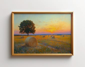 Midwest Haybales Sunset Print, Sunlit Meadow Wall Art, Nebraska Landscape, Iowa Harvest Field Decor, Heartland Countryside Art