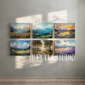 May include: Six framed landscape paintings with gold frames. The paintings depict mountain ranges, lakes, and fields of flowers in various colors. The text "ALEX CUI STUDIO" is at the bottom of the image.