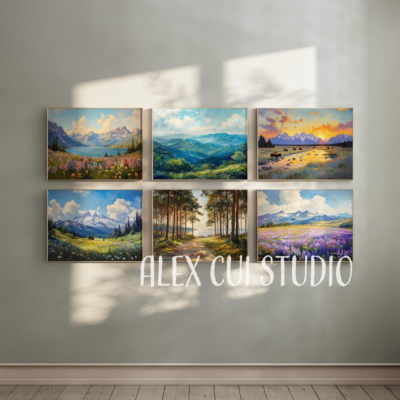 May include: Six framed landscape paintings with gold frames. The paintings depict mountain ranges, lakes, and fields of flowers in various colors. The text "ALEX CUI STUDIO" is at the bottom of the image.