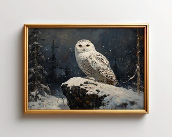 Snowy Owl Art Print, Winter Owl Wall Decor, Snowy Forest Wall Art, Impressionist Bird Print, Cabin Night Wall Decor, Nature Lover Gift