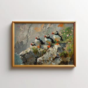 Arte mural de frailecillos, pintura de frailecillo atlántico, decoración de fauna de Terranova, póster del océano de Groenlandia, lámina artística sobre la naturaleza, decoración de cabañas costeras