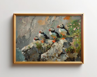 Puffin Wall Art, Atlantic Puffin Painting, Newfoundland Wildlife Decor, Greenland Ocean Poster, Nature Art Print, Coastal Cottage Decor