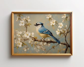 Blue Jay Art Print, White Dogwood Wall Art, Spring Bird Wall Decor, Virginia State Art, Appalachian Nature Decor