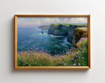 Cliffs of Moher Ireland Ocean Wall Art, Atlantic Coast Landscape Print, Purple Wildflower Coastal Poster, Irish Nature Decor