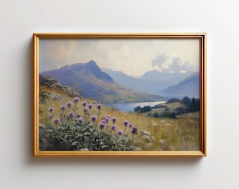 Arte mural de las Tierras Altas escocesas, lámina vintage de cardo, paisaje escocés melancólico, decoración estilo academia oscura, arte celta de la naturaleza.