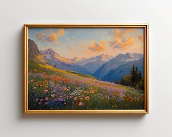 Swiss Alps Mountain Print, Switzerland Sunset Poster, Wildflower Meadow Wall Art, European Landscape Decor, Spring Floral Artwork