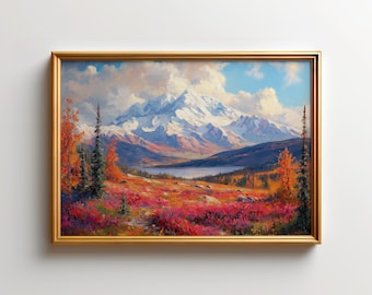 Denali National Park Wall Art, Alaska Snow Mountain Poster Print, Crimson Autumn Tundra Landscape Artwork