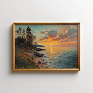 Lake Superior Painting - Superior National Forest Landscape Wall Art, Minnesota Lakeshore Sunset, Cozy Cottage Decor, Cabin Wall Art
