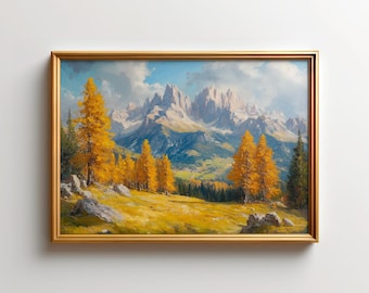 Italian Dolomites Autumn Wall Art, Golden Larches Alps Meadow Poster Print, European Mountain Landscape Decor, Italy Nature Art