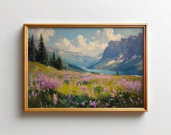Glacier National Park Painting Wildflower Rocky Mountain Art Print & Montana Landscape Decor for Nature Lovers
