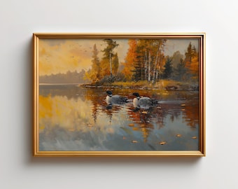 Loon Painting - Autumn Wall Art, Scenic Forest Decor, Algonquin Wildlife Poster, Lake Artwork for Nature Lovers