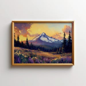 Mount Hood National Forest Painting, Oregon Landscape Wall Art of Wildflower Snow Mountain Art Print, Mount Hood National Forest Poster
