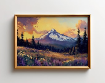 Mount Hood Wildflower Landscape Art Print, Oregon Mountain Wall Art