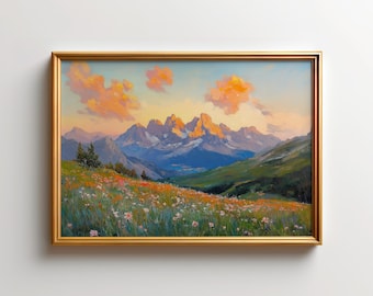 Italian Dolomites Alpe di Siusi Meadow Art Print, Alpine Sunset Landscape Poster