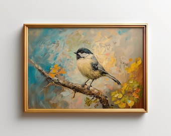 Arte Chickadee, Impresión de aves otoñales, Póster de vida silvestre, Decoración de cabaña