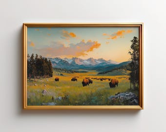 American Bison Art Print, Yellowstone Wall Art, Montana Landscape, Sunset Rustic Cabin Decor