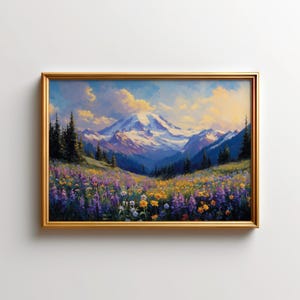 Mount Rainier Park Wall Art, Wildflower Mountain Painting, Washington State Landscape Decor, Nature Print, Outdoor Art Decor