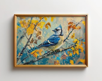 Lámina artística de arrendajo azul / Decoración de pared de aves otoñales / Decoración de vida silvestre canadiense