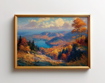 Acadia Wall Art, Maine Fall Foliage Landscape Print, Autumn Coastal Mountain Poster, New England Nature Decor