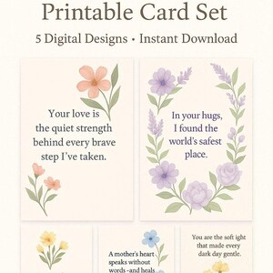 Ensemble de cartes imprimables pour la fête des mères - 5 cartes florales numériques avec des messages sincères - Téléchargement instantané - Cartes de voeux en anglais.