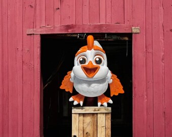 Whimsical Chicken Figurine | Orange & White Farmhouse Decor