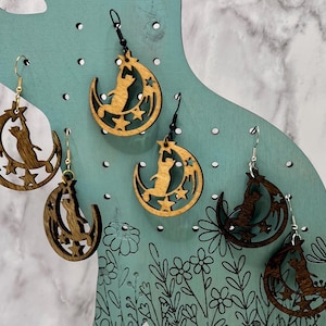 Cat Jewelry Earrings Handcrafted - Engraved Wood Jewelry for Cat Lovers, Gift for Mom, Birthday, Mother&#39;s Day, Unique Cat