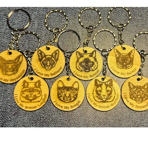 Cat Keychain Engraved Wood - Choose Your Cat Breed - Handmade Feline Gift