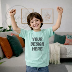 Comfort Colors 9018 Youth Mockup PNG, Chalky Mint Kids T-Shirt Mockup for POD, Designers & Etsy Sellers, High-Res Canva Ready