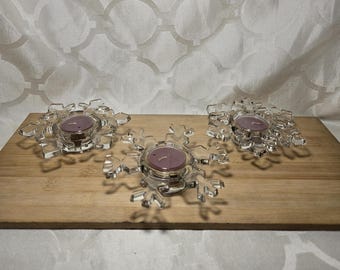 Vintage Claire Burke theelichthouders van sneeuwvlokglas: set van 3"