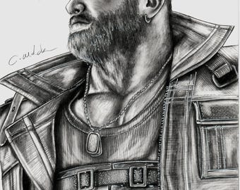 Disegno originale a matita A4 di Barret di Final Fantasy VII Remake