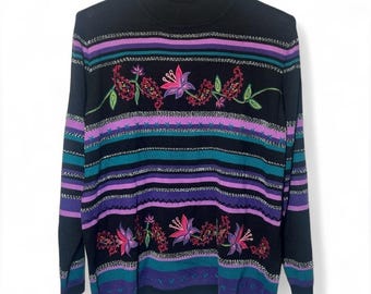 Alfred Dunner Purple Black Pullover Embroidery Sweater Cottagecore Flower XL