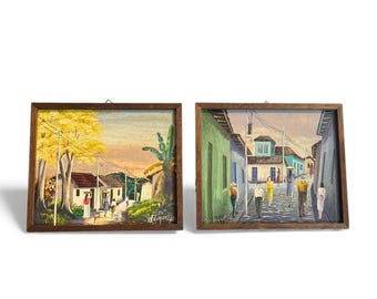 Vintage L Vasquez 1992 El Salvador Folk Art Village Street Scene Paintings Set 2