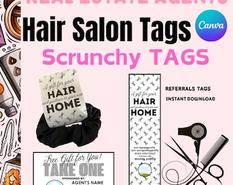 Hair Salon Give-a-Way | Scrunchy Tags & Display Sign | Real Estate Marketing | Pop By Marketing | Hair Tie Tags | Hair Salon Pop By