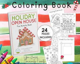 May include: A holiday-themed coloring book with the title "Holiday Open House Fun Activity Book" featuring a gingerbread house illustration. The book includes 24 pages and is surrounded by crayons and coloring pages with house and winter-themed designs.