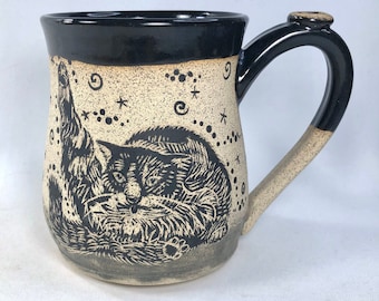 Artisan Pottery Mug, Handmade Pottery, Handmade Stoneware Mug, Hand Painted, Ceramic Mug, Cat, 30th Birthday Gift, Sister Gift