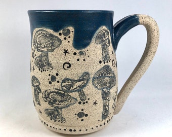 Artisan Pottery Mug, Hand Thrown Pottery, Handmade Stoneware Mug, Hand Painted, Mushroom Mug, Housewarming Gift, Best Friend Gift