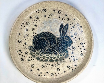 Artisan Pottery, Handmade Pottery, Handmade, Stoneware Pottery, Hand Painted, Ceramic Plate, Rabbit, Moon, 30th Birthday Gift, Daughter Gift
