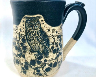 Artisan Pottery Mug, Hand Thrown Pottery, Handmade Stoneware Mug, Hand Painted, Skull, Owl, Goth Mug, 40th Birthday Gift, Son Gift
