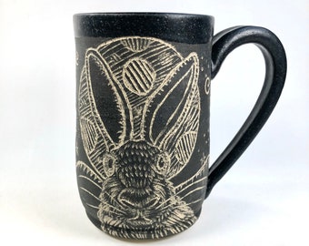Artisan Pottery Mug, Hand Thrown Pottery, Handmade Stoneware Mug, Hand Painted, Ceramic Mug, Moon, Rabbit, Birthday Gift, Mom Gift