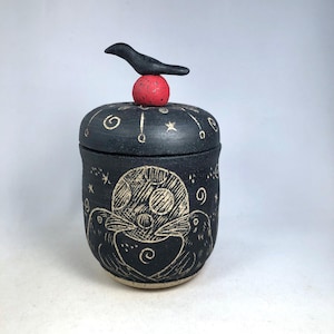 Handmade Stoneware Tea Jar, Hand Painted, Lidded Raven Pottery, Sgraffito Ceramic Pot
