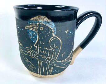 Pottery Mug, Handmade Mug, Bird, Raven, Moon, Shabby Tree, Birthday Gift, Boyfriend Gift