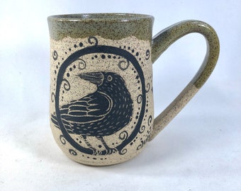 Artisan Pottery Mug, Hand Thrown Pottery, Handmade Stoneware Mug, Hand Painted, Ceramic Mug, Raven, 30th Birthday Gift, Daughter Gift